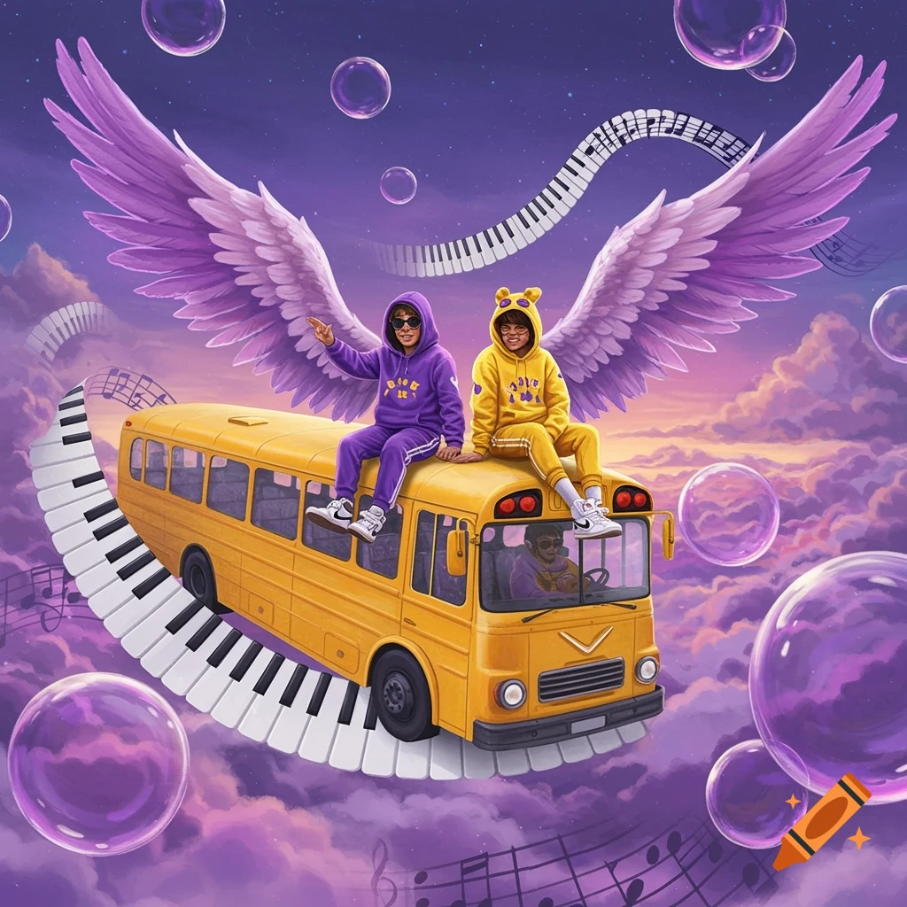 Two kids on a flying yellow bus with wings, surrounded by piano keys, music notes, and bubbles in a purple sky.