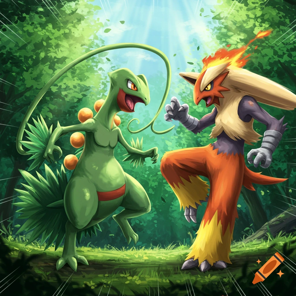 Sceptile battling Blaziken in a forest.