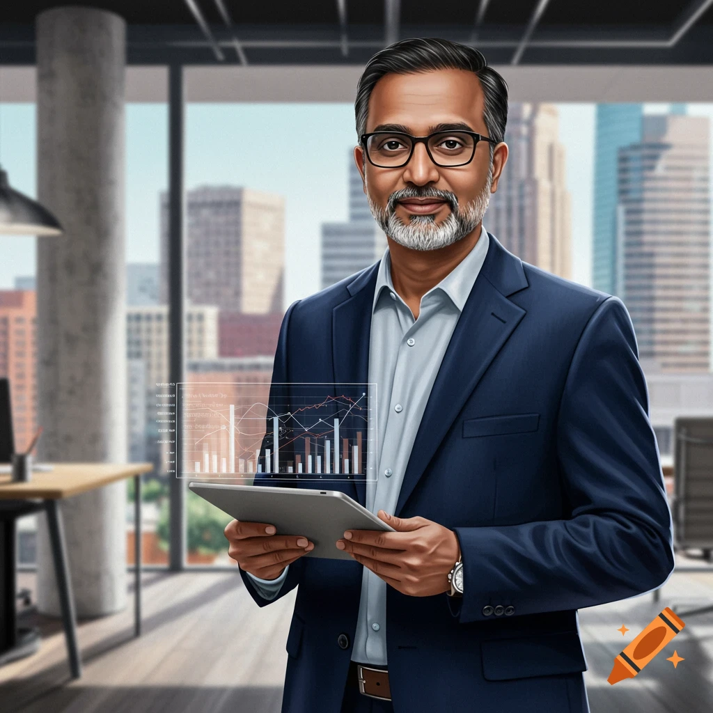 A man in a suit holds a tablet displaying a data visualization in an office.