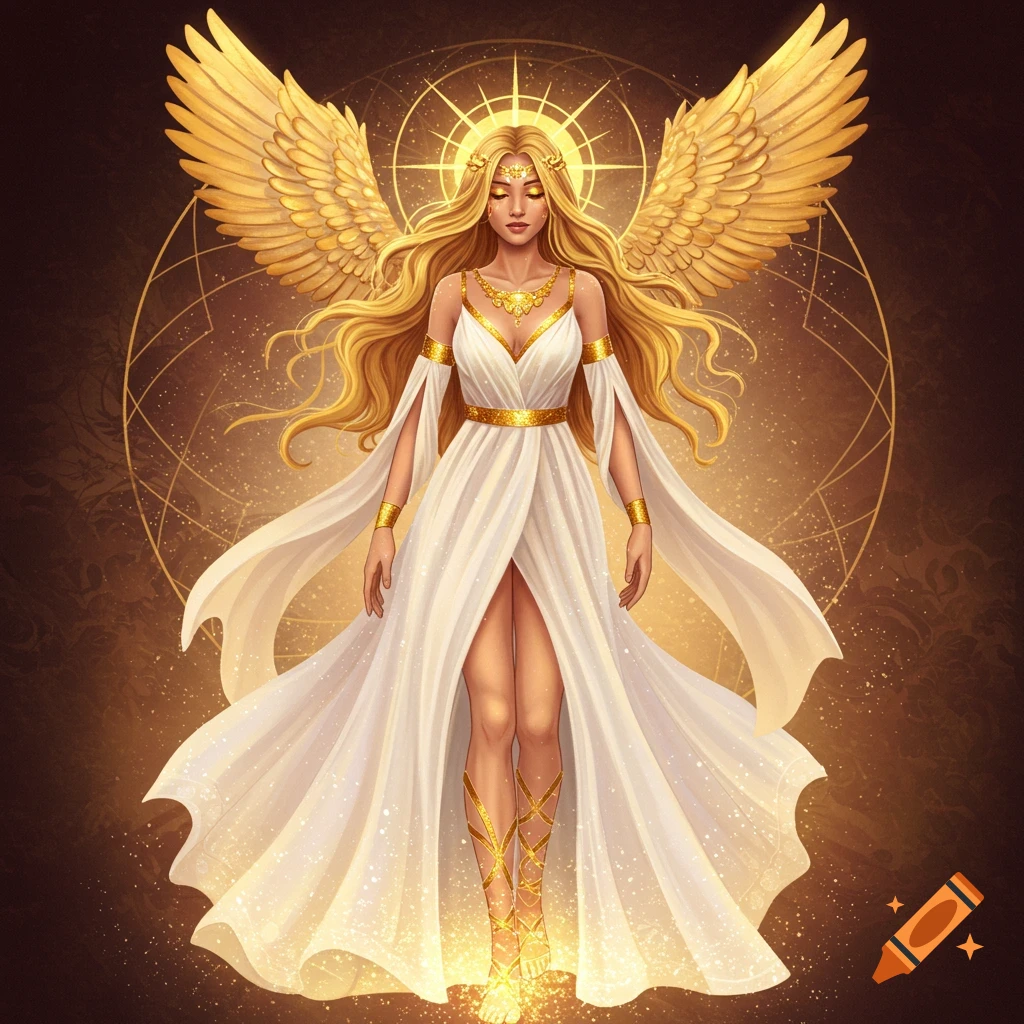 A fantasy woman with golden wings and crown, wearing a white dress, stands glowing against a celestial golden background.