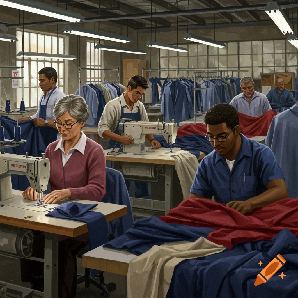 people working on sewing machines in a clothing factory