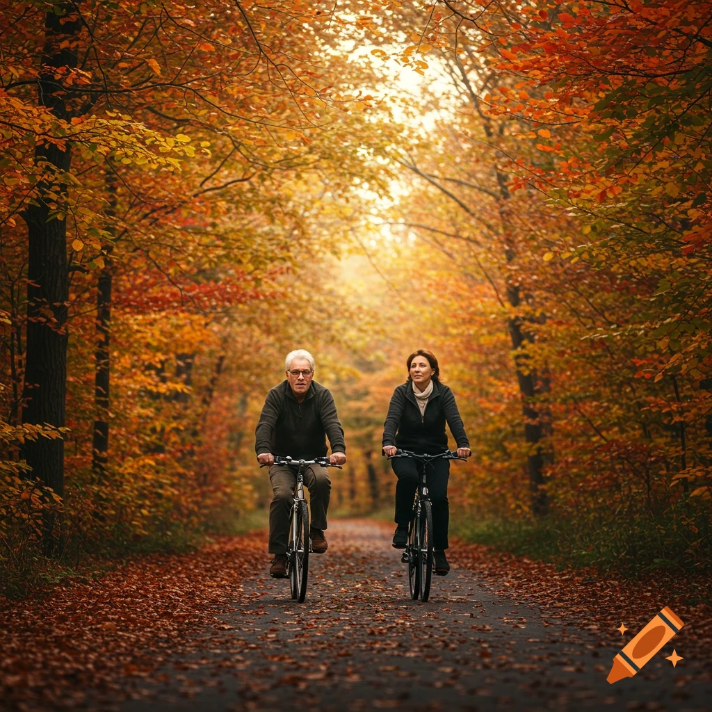 Older man and woman cycling on a forest path in autumn