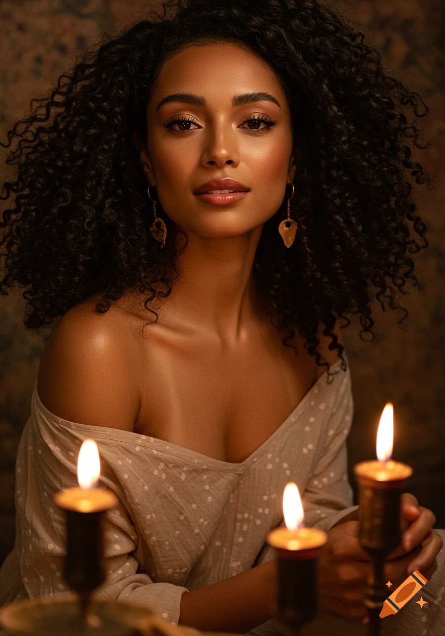 A portrait of a woman with curly dark hair wearing an off-shoulder dress, illuminated by candlelight.