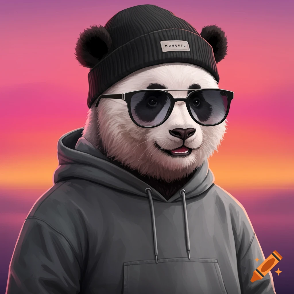 A panda wearing a black beanie, sunglasses, and a grey hoodie.