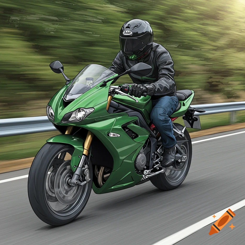 a rider on a green motorcycle speeding down a road.