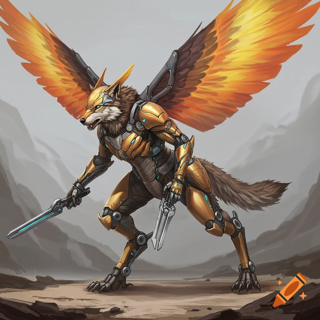 An anthropomorphic wolf in golden cyborg armor with large fiery wings holds swords in a rocky landscape.