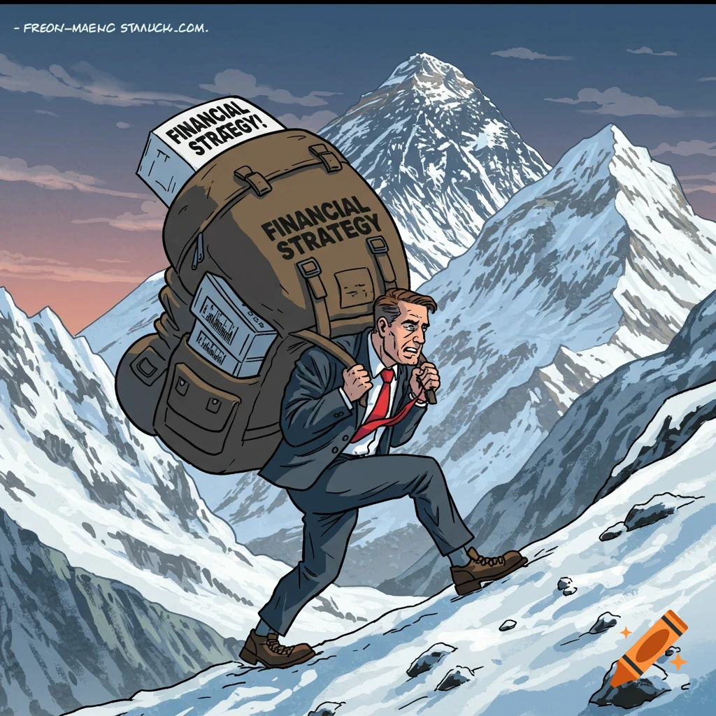 A comic illustration shows a businessman struggling to climb a snowy mountain, burdened by a huge backpack labeled "Financial Strategy".