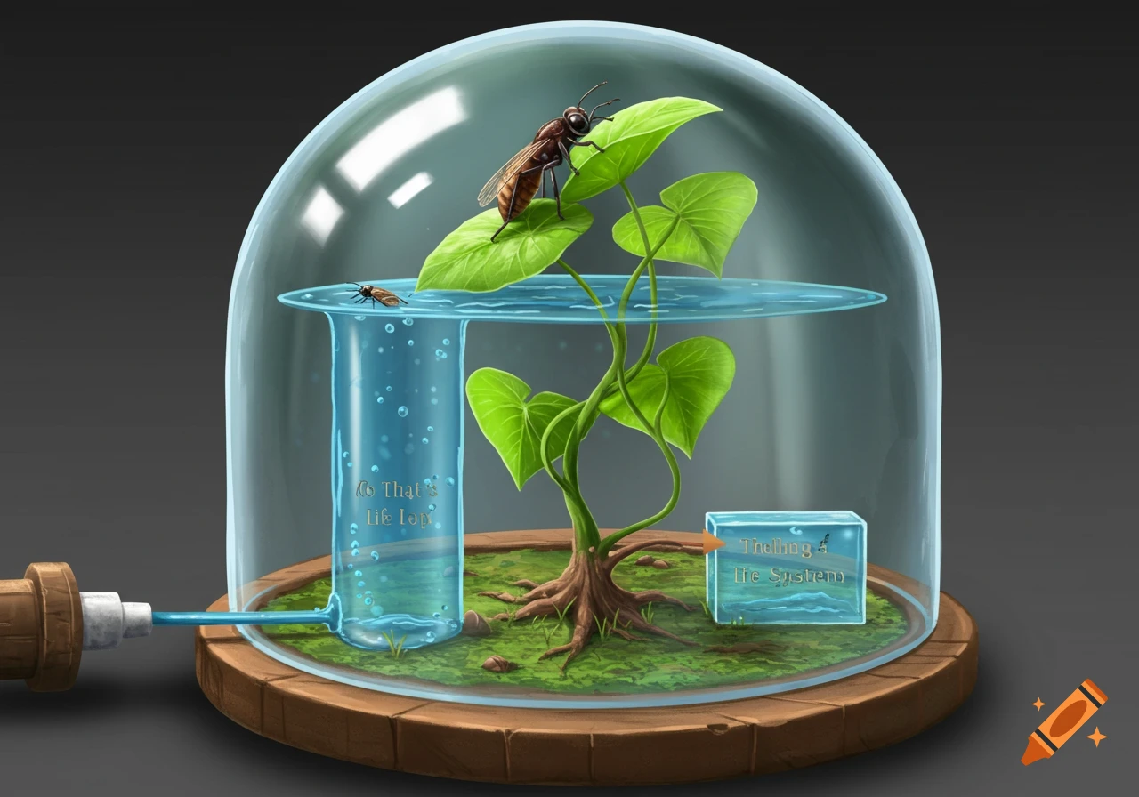 An illustration of insects and a plant inside a glass dome scientific system.