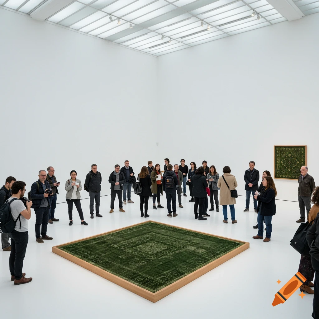 Visitors observe a large green carpet artwork in a bright, spacious art gallery.