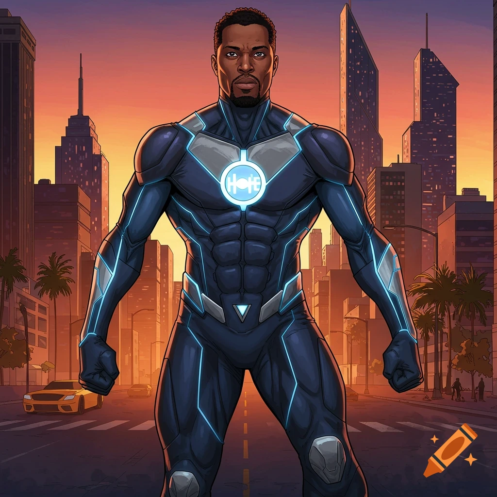 A male superhero in a dark suit with glowing blue accents stands in a city street at sunset.
