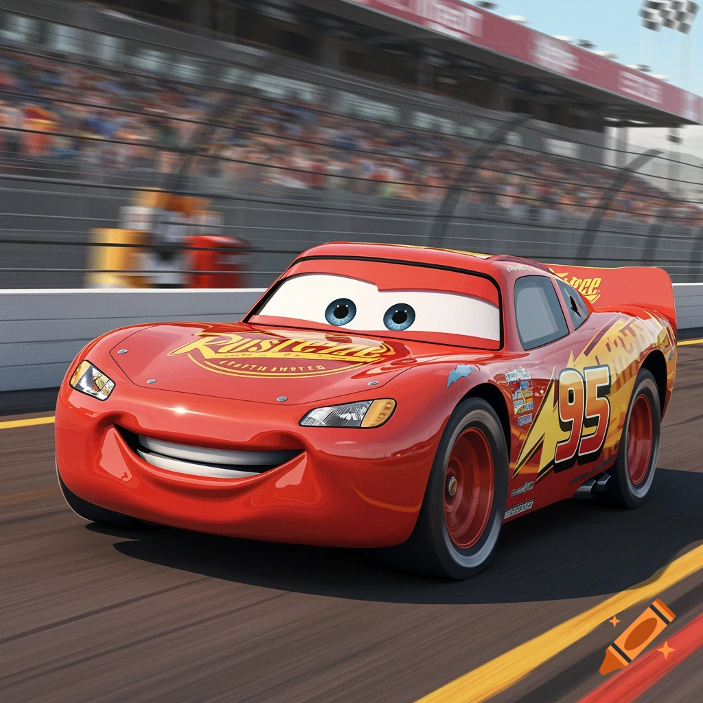 Animated character Lightning McQueen races on a track.