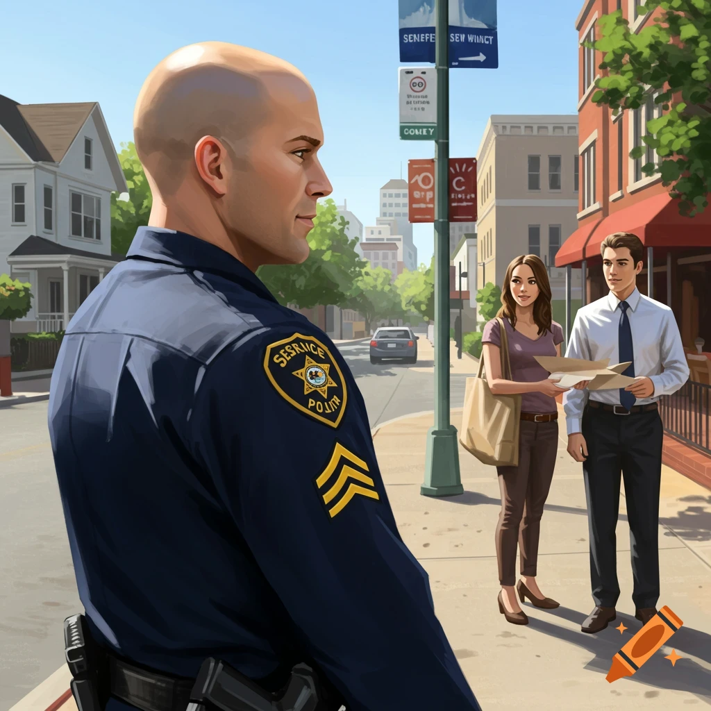 A bald police officer on a sunny street talking to a couple.