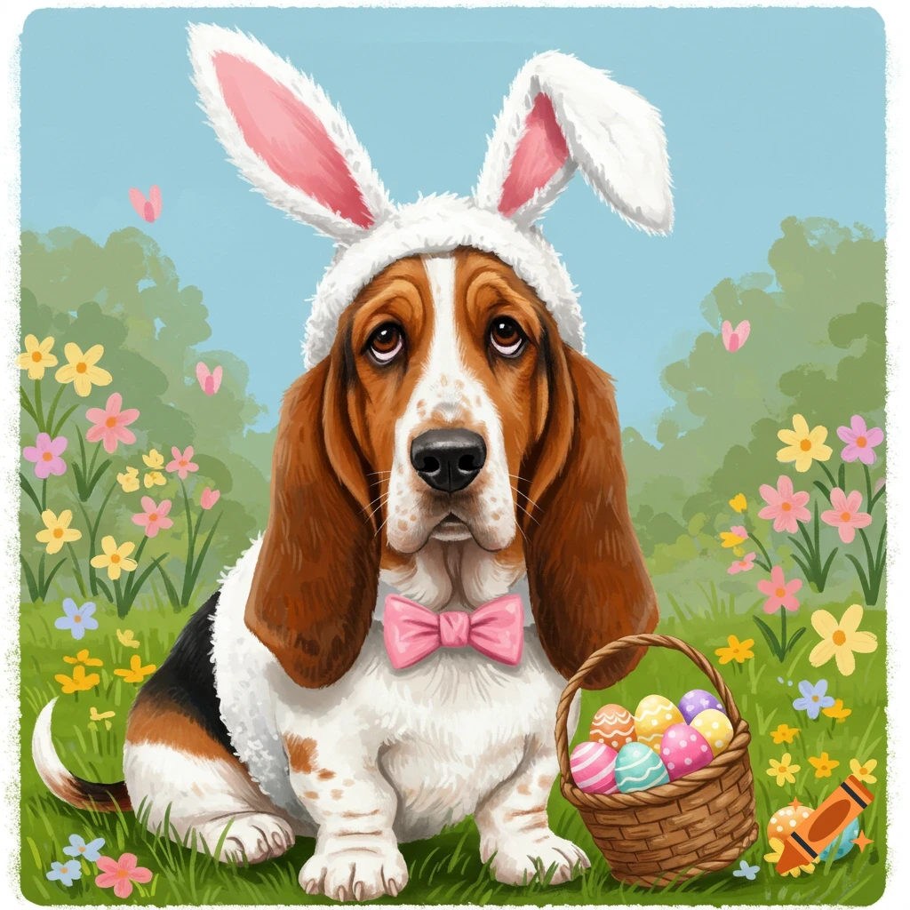 Basset Hound wearing bunny ears and a pink bow tie, sitting next to an Easter basket filled with eggs in a field of flowers.