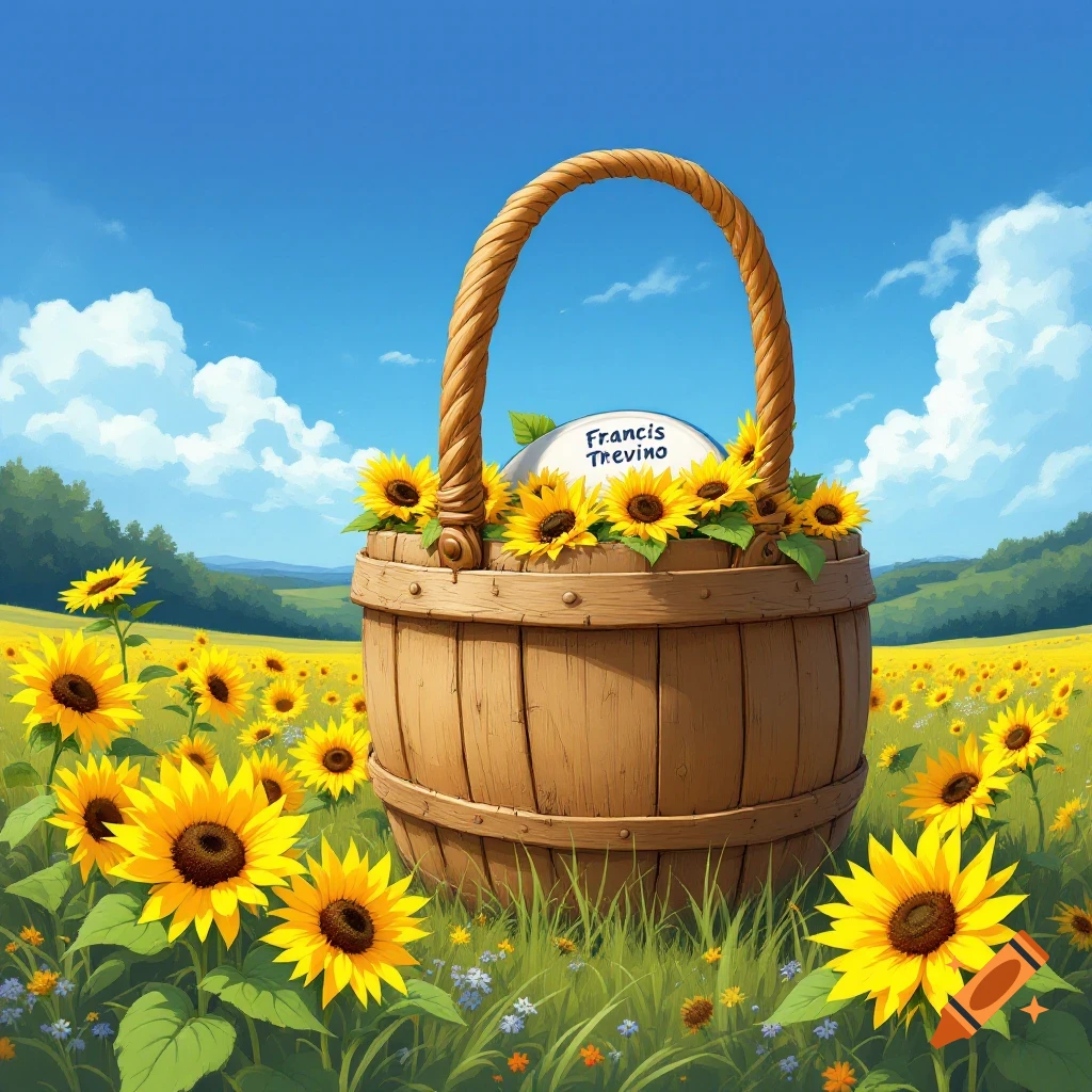 A basket overflowing with sunflowers sits in a sunny field, with text on the basket.
