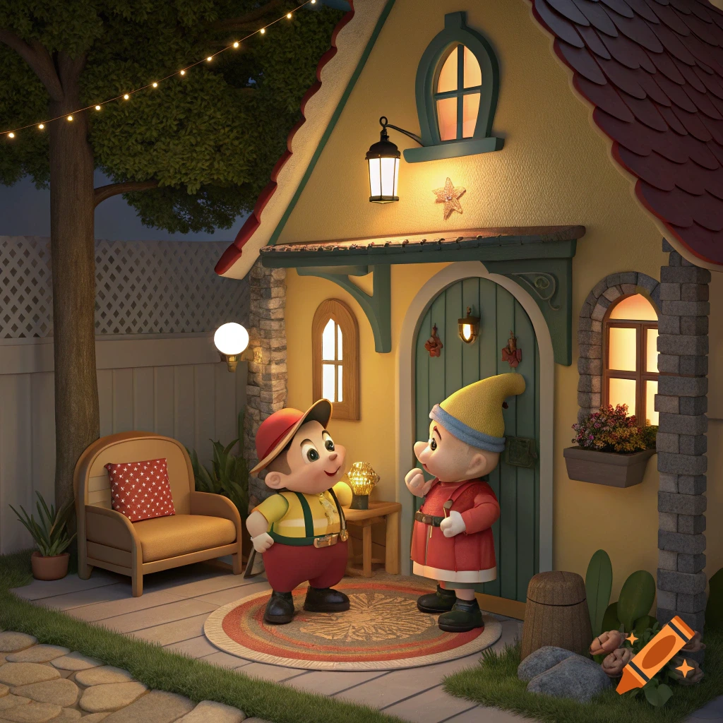 Two cartoon characters stand outside a colorful cottage at night.