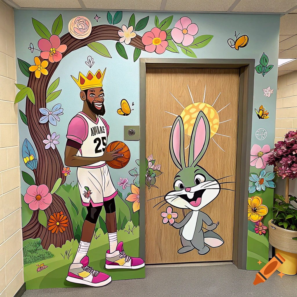 Cartoon mural with LeBron James and Bugs Bunny on a wall and door, surrounded by flowers and butterflies.