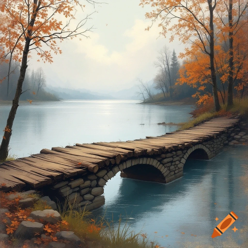 A rustic wooden bridge spans a river in an autumn landscape.