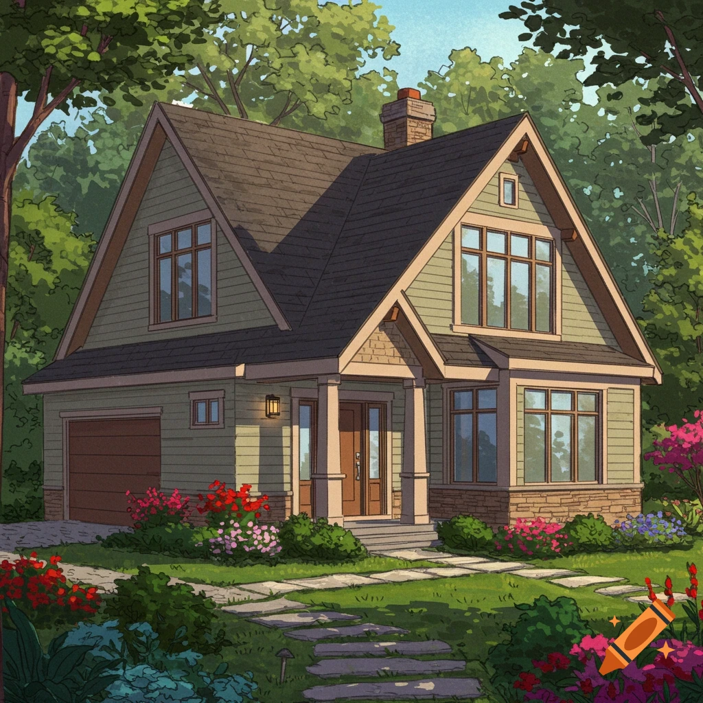 A modern cottage style house with a garden path and flowers.