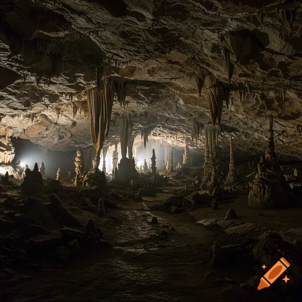 Dark cave interior with dramatic lighting on stalactites and stalagmites.