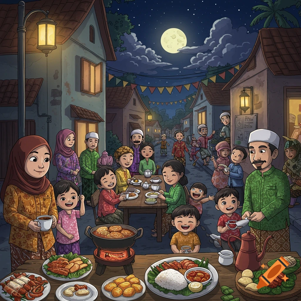 A community eating together at night in a village street.