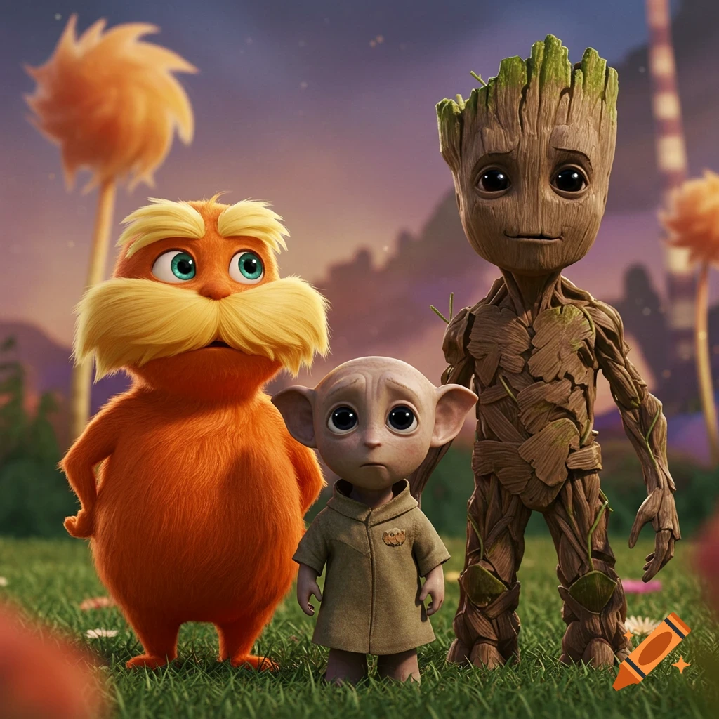 The Lorax, Dobby, and Groot are standing together in a grassy field.