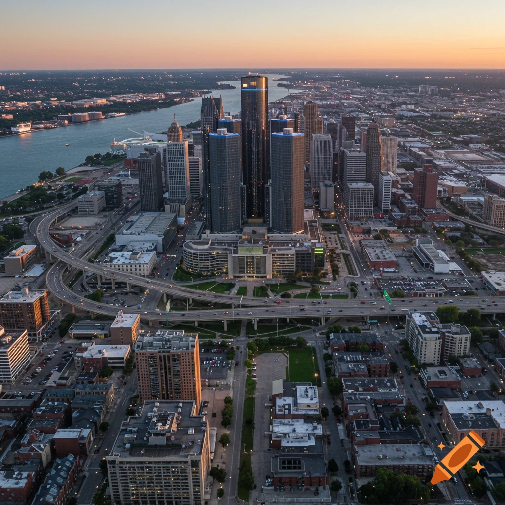 Aerial view of the Detroit skyline at sunset