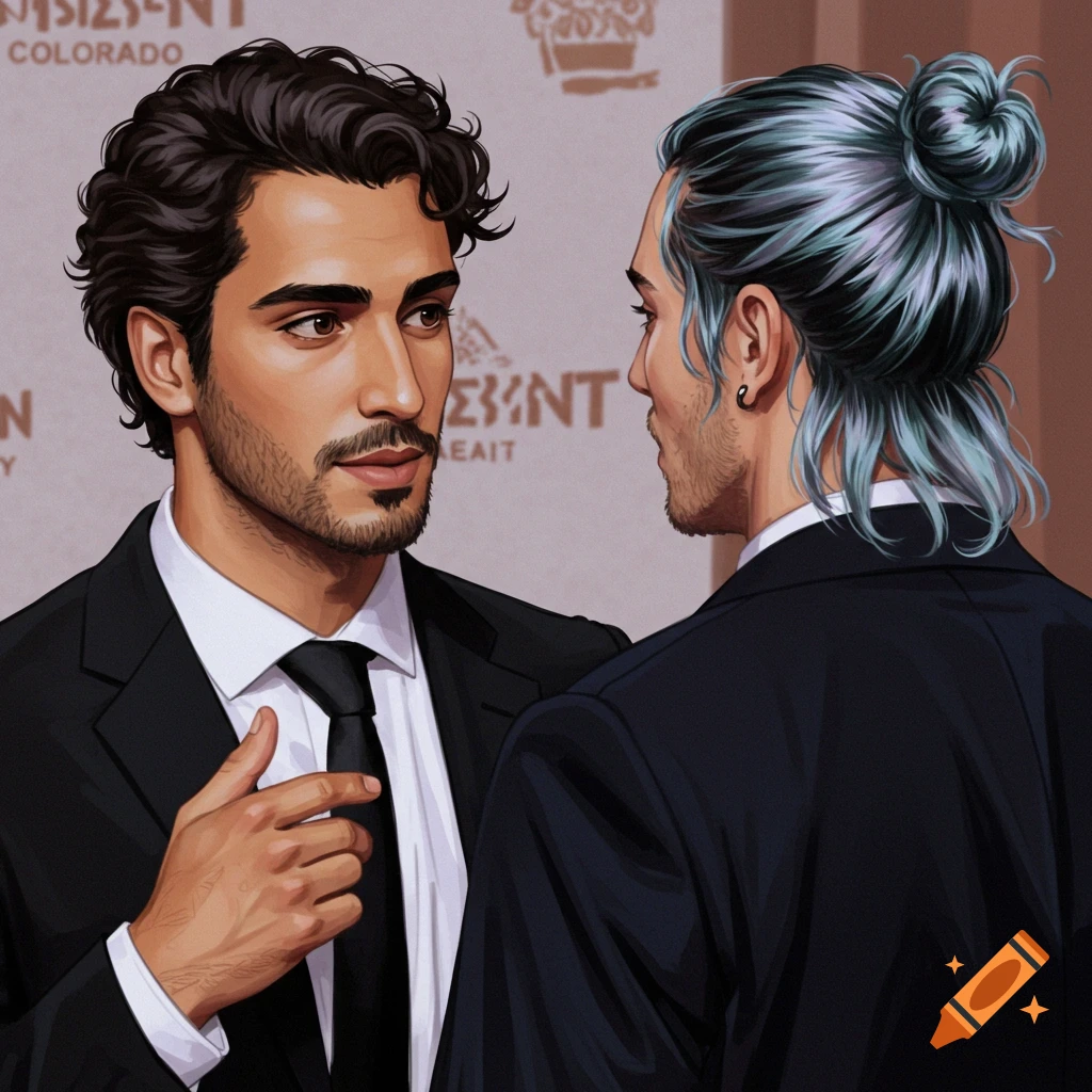 Two men in suits at an event, one with dark hair, one with blue hair in a bun.