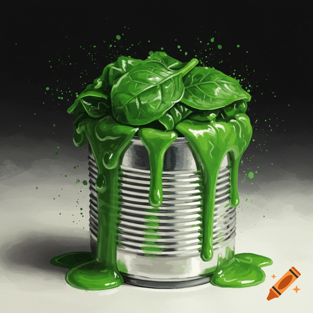 A metal can overflowing with spinach and dripping green liquid.