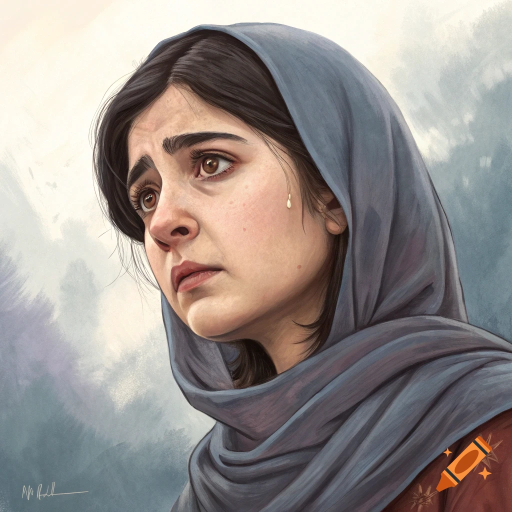A woman with a blue headscarf has a tear on her cheek.