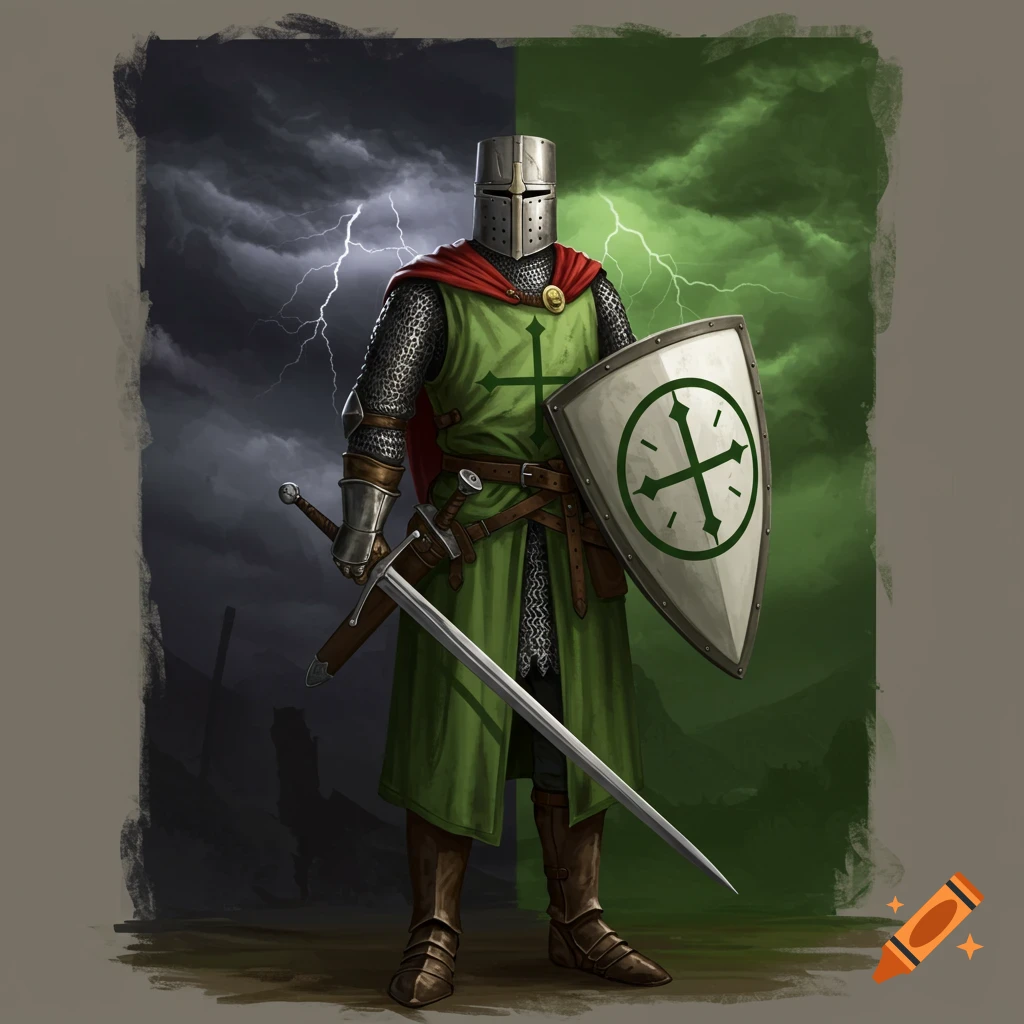 A knight in green tabard and chainmail armor holds a sword and shield against a backdrop of a stormy sky and a green landscape.