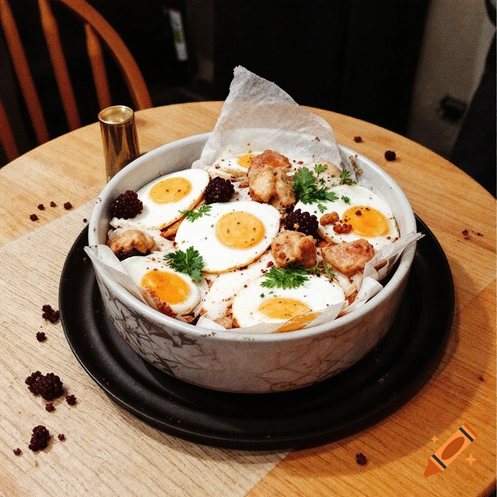 Close-up of a bowl filled with fried eggs, meat, and berries on a wooden table.