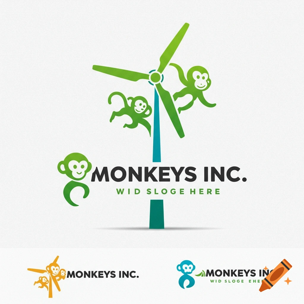 A green logo featuring monkeys swinging from a wind turbine, with the text MONKEYS INC. and WID SLOGE HERE. Smaller variations are shown below.