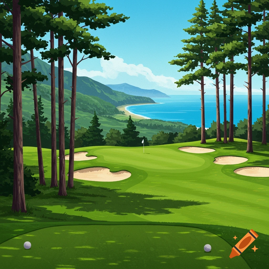 A golf hole with sand traps, pine trees, mountains, and ocean.