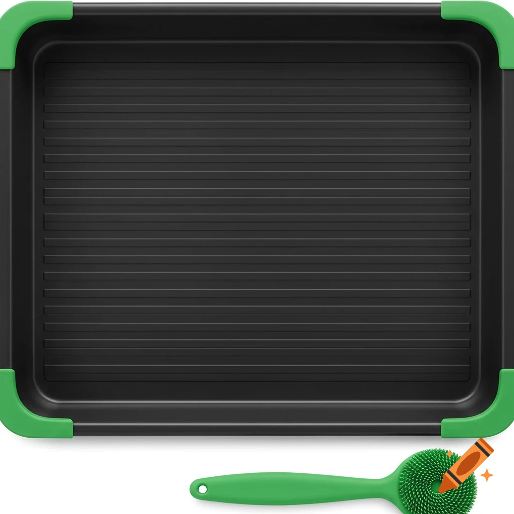 A black defrosting tray with green corners and a green silicone scrubber.