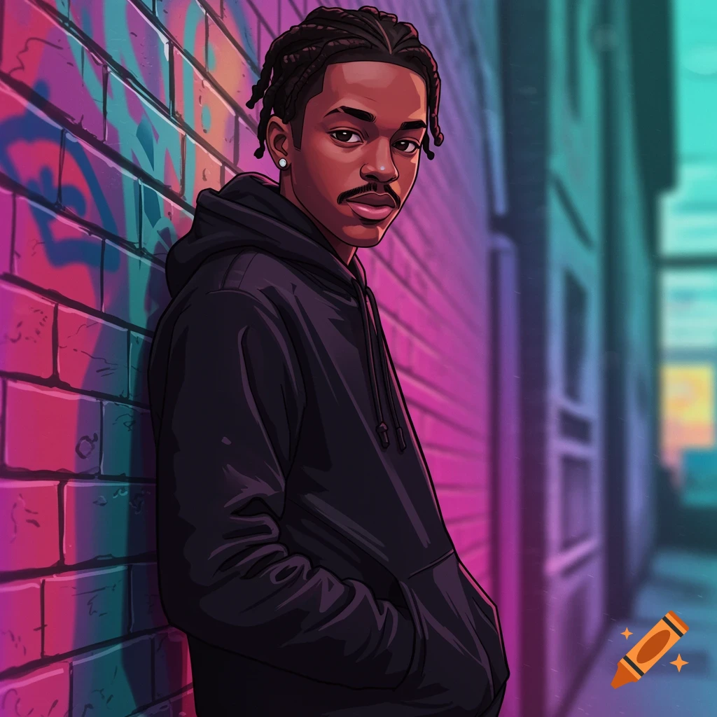 A young Black man in a black hoodie leans against a graffiti brick wall, in a graphic novel style.