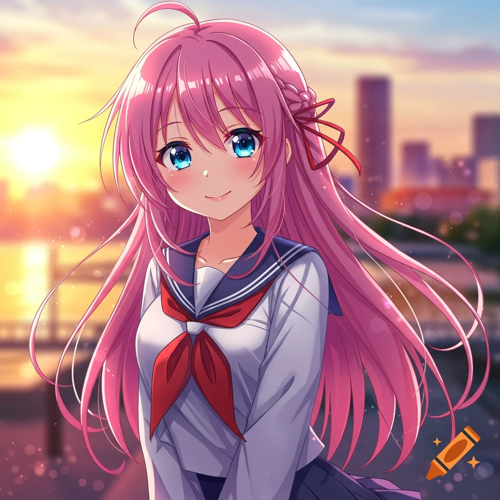 Anime girl with pink hair and blue eyes in a school uniform smiling at sunset with a cityscape background
