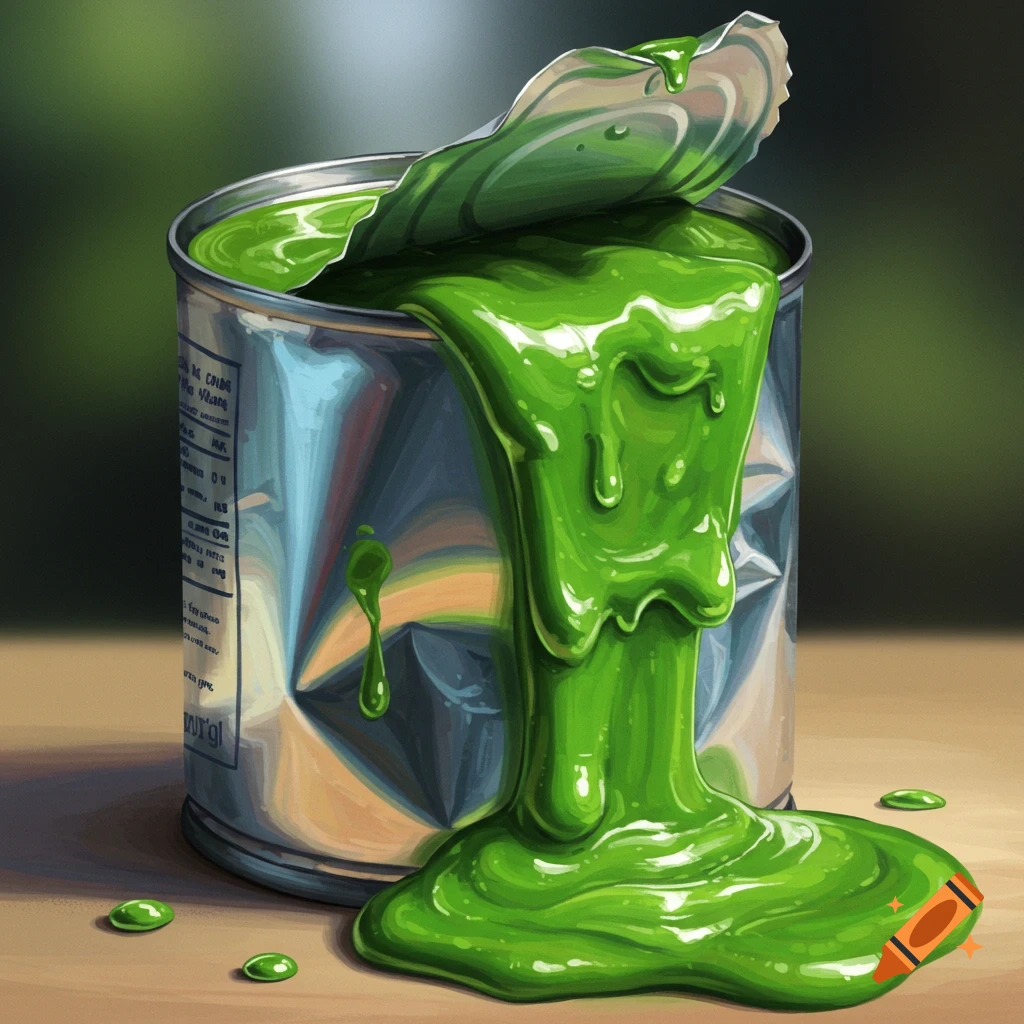 A can with green slime dripping out