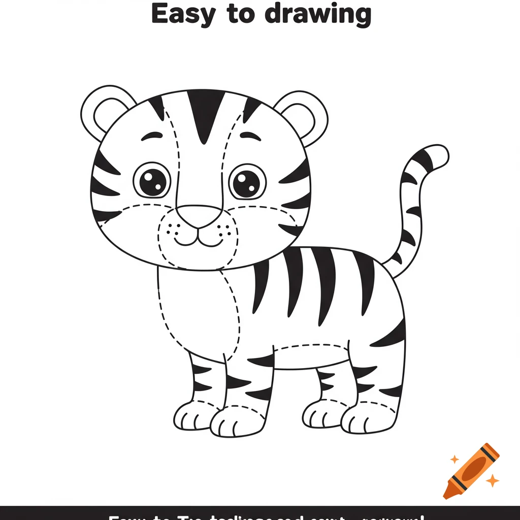 A black and white line drawing of a cartoon tiger, suitable for tracing.