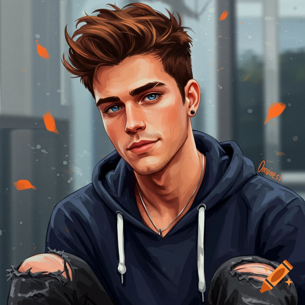 A young man with blue eyes and brown hair, wearing a blue hoodie.