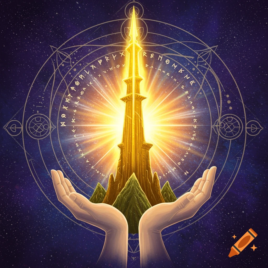 Hands holding a radiant golden tower against a starry sky, encircled by mystic symbols.