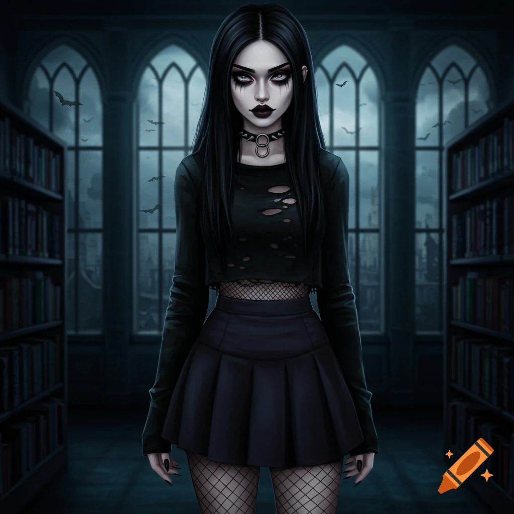 A goth woman standing in a dark library with bats.