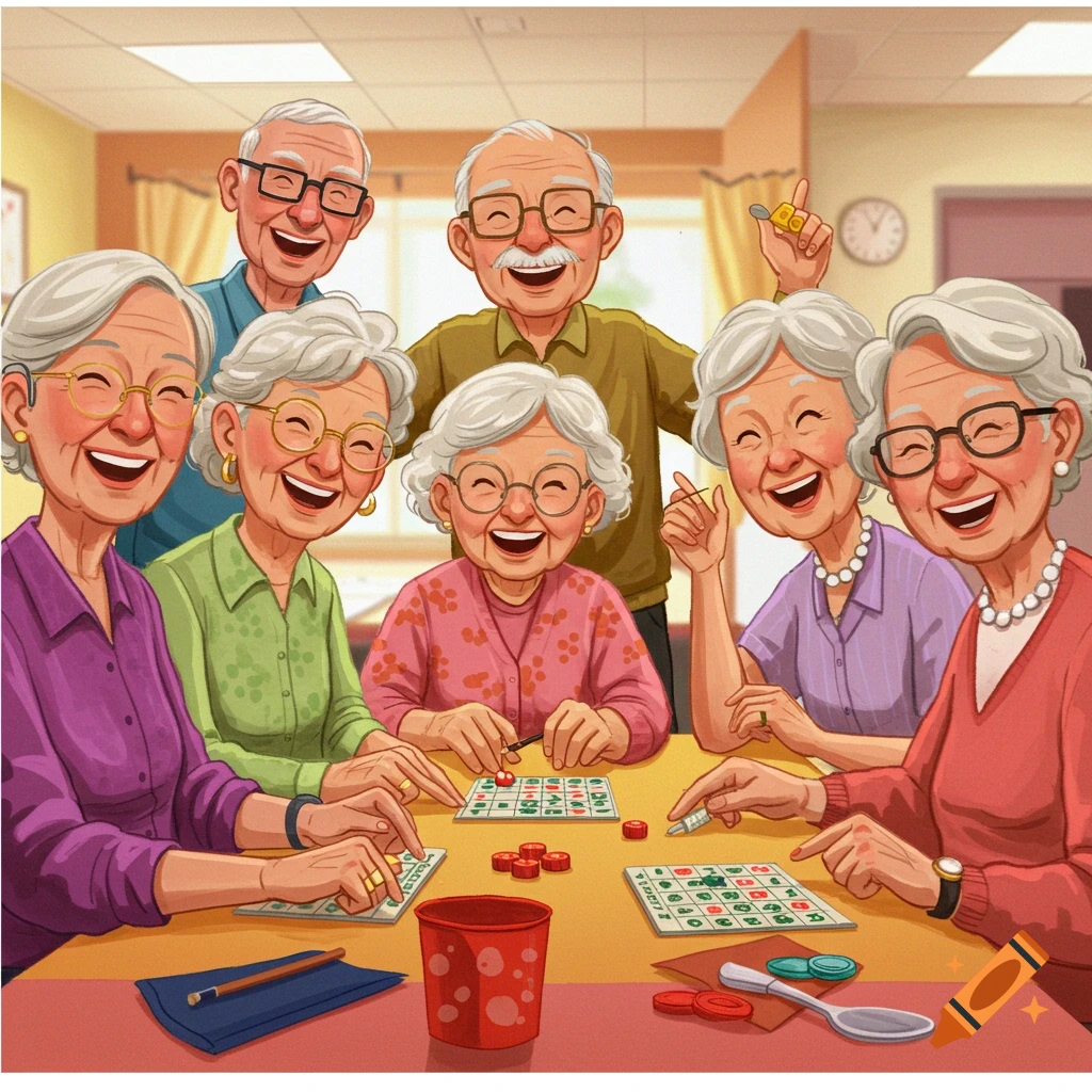 Illustration of a group of smiling seniors playing bingo together.