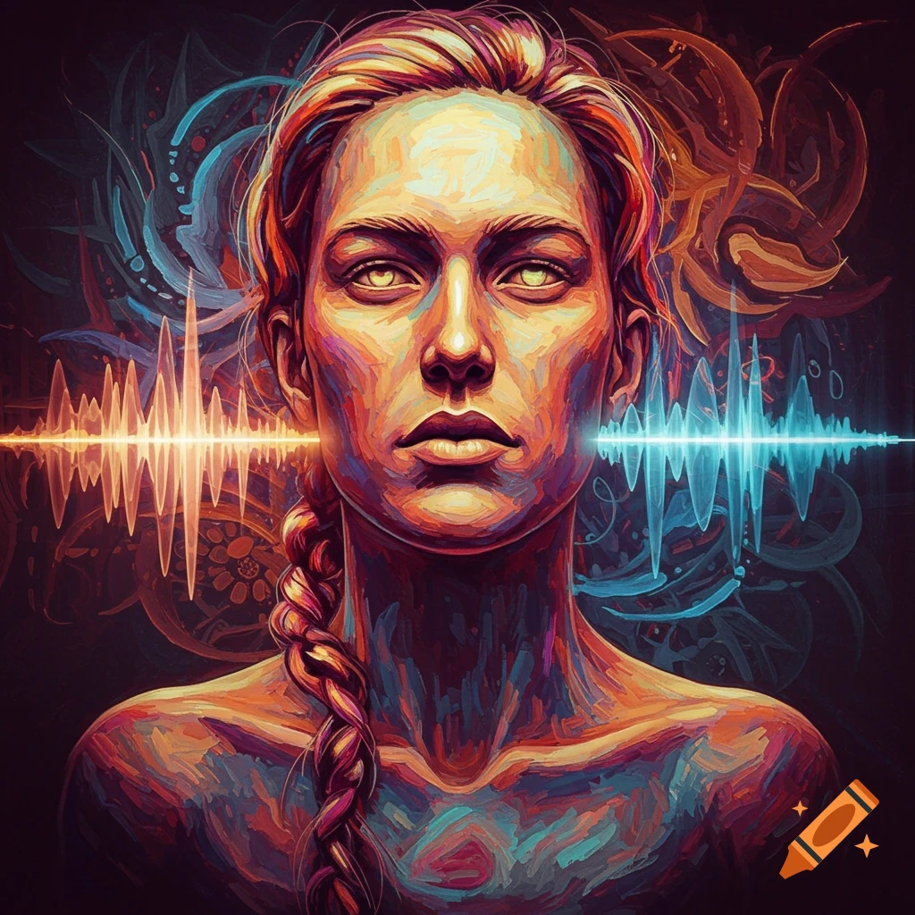A woman's face with colorful audio waveforms.