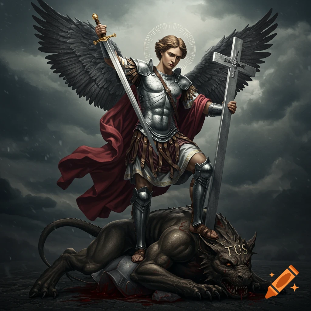 Illustration of Archangel Michael standing on a defeated beast, holding a sword and cross against a stormy sky.