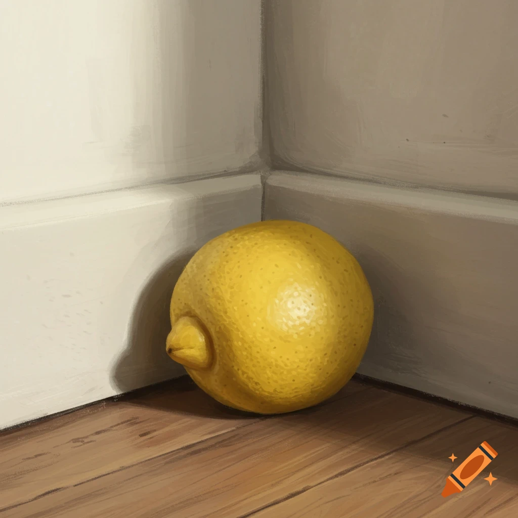 A lemon on a wooden floor in a corner.