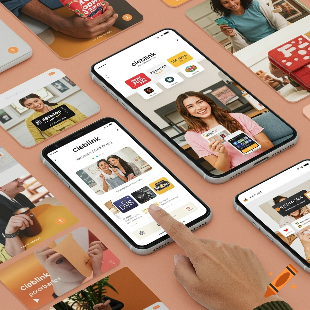 Several mobile phones and cards displaying app interfaces and images of people on a pink surface, showing technology and marketing.