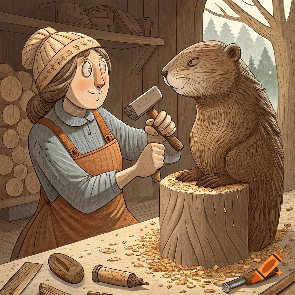 Illustration of a woman in a cabin carving a wooden statue of a beaver.
