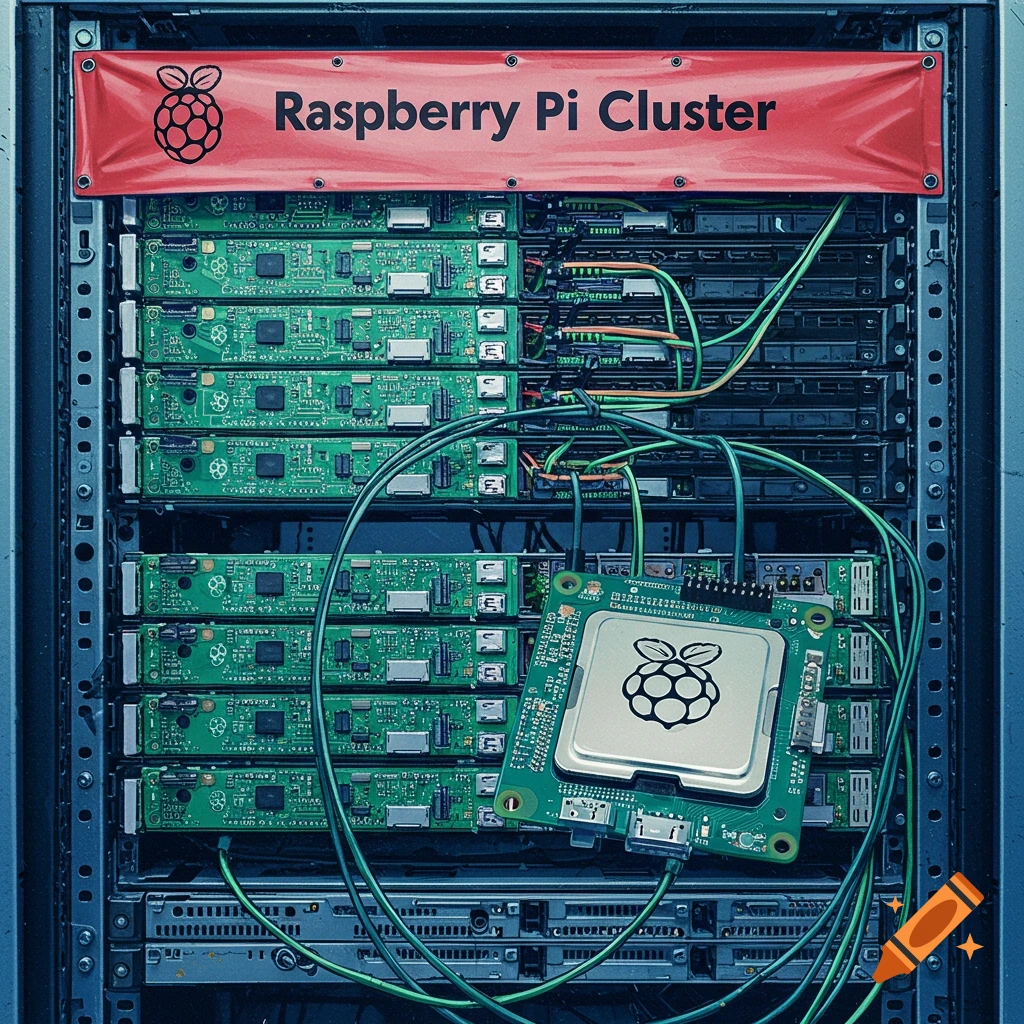 A server rack filled with Raspberry Pi computer boards, with a red banner across the top reading "Raspberry Pi Cluster".