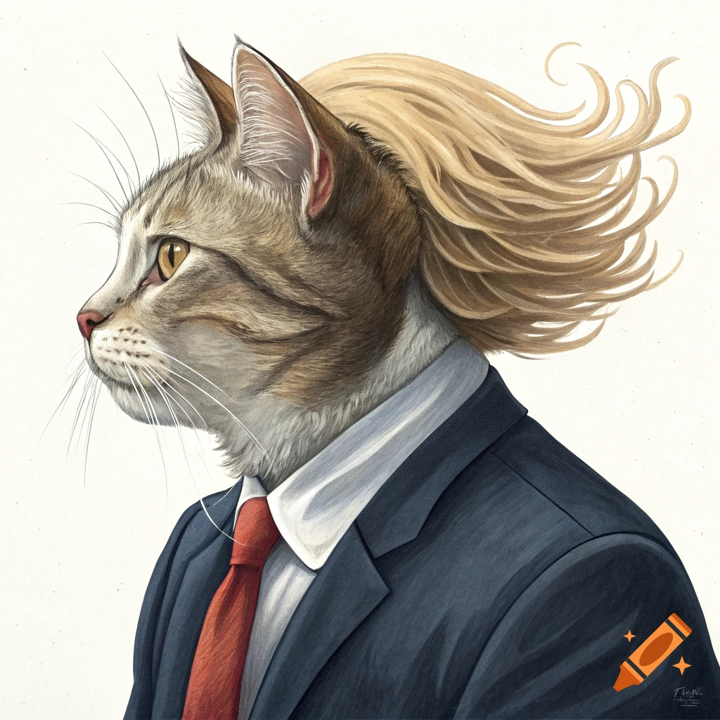 A cat in a suit with blond hair styled like Donald Trump.