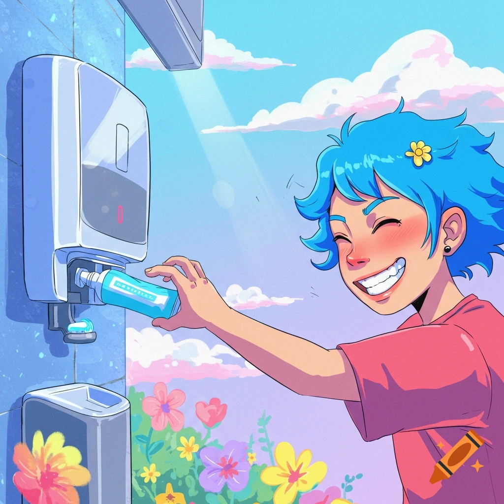 Cartoon person with blue hair gets toothpaste from a dispenser.